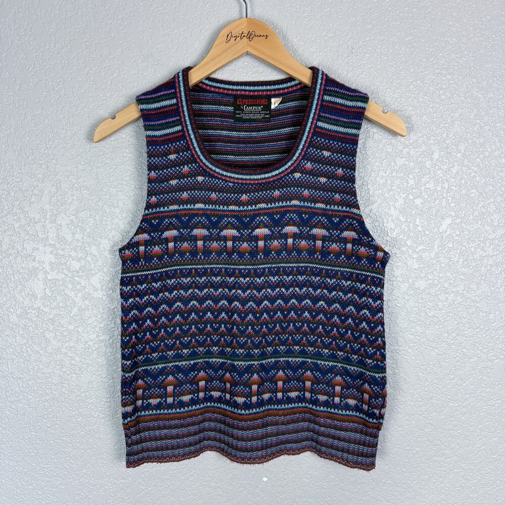 Vintage Mushroom Fair Isle Blue Knit Sweater Vest 70s 80s Eclectic Grandpa Blue - Picture 7 of 8